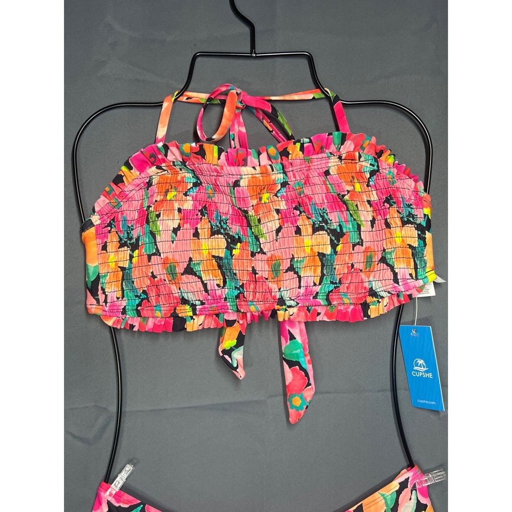 Cupshe Womens Floral Smocked Bandeau Bikini Set Pink Orange Halter Medium NEW - Picture 2 of 4